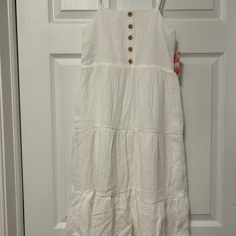 btween White Tiered Kids Dress with Button Accents